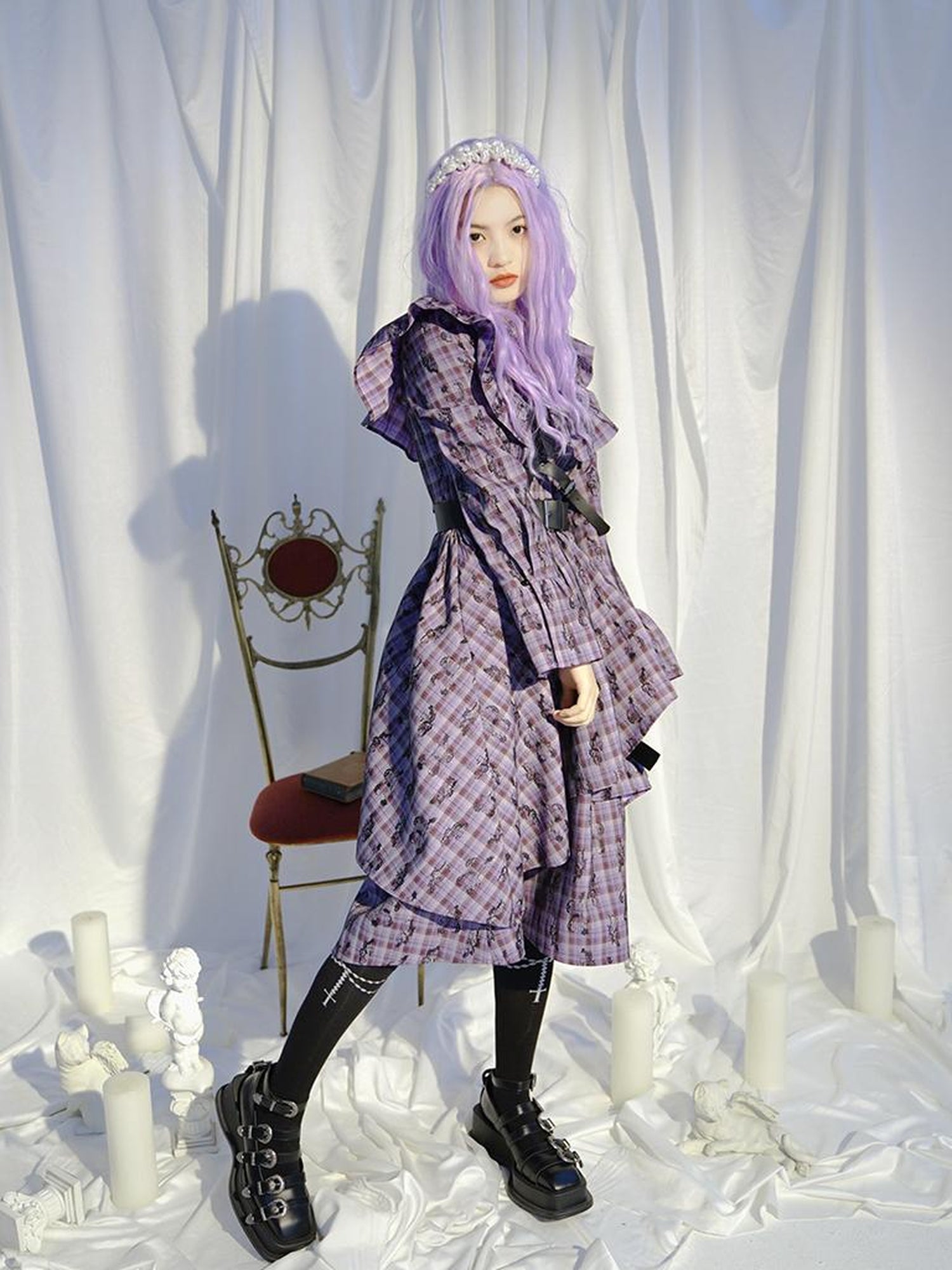 Daytoday Love Is Horrible Butterfly Jacquard Lace Plaid Long Sleeve Dress