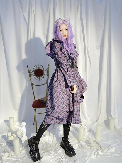 Daytoday Love Is Horrible Butterfly Jacquard Lace Plaid Long Sleeve Dress