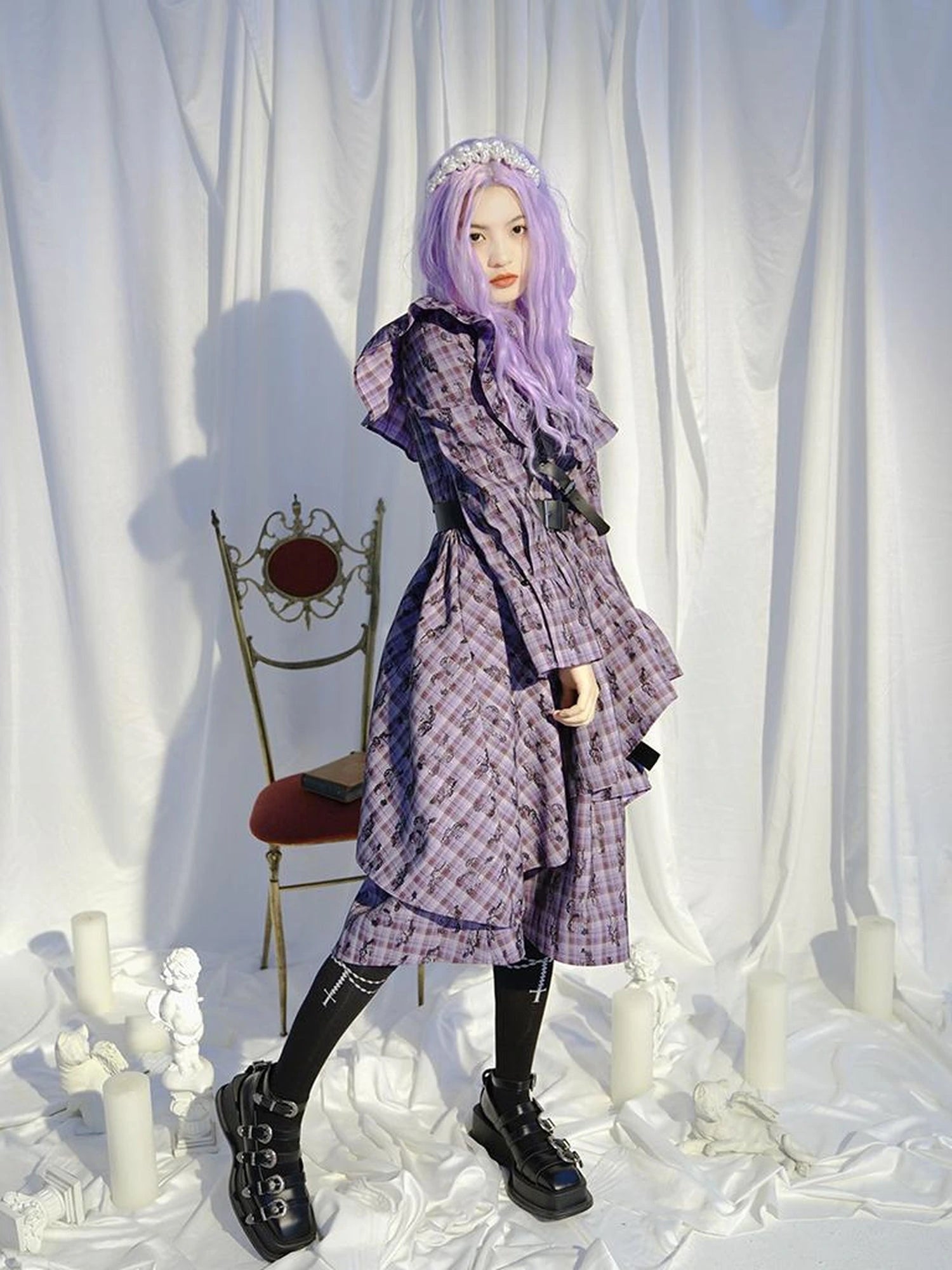 Love Is Horrible Butterfly Jacquard Lace Plaid Long Sleeve Dress