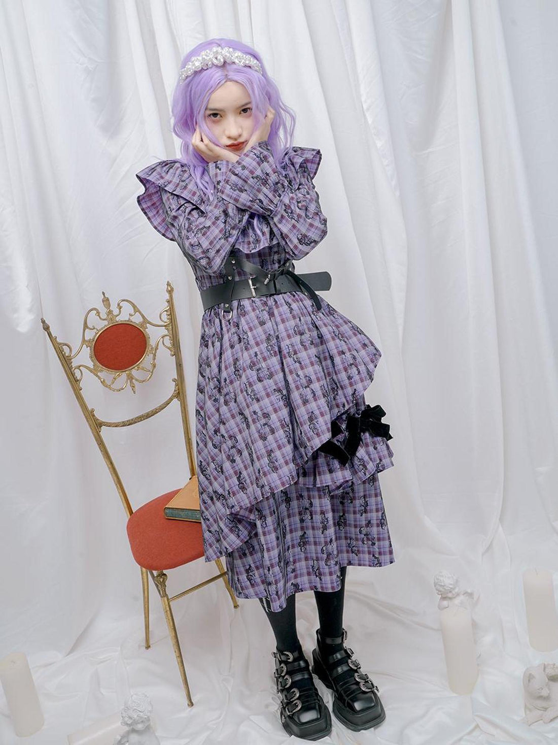 Daytoday Love Is Horrible Butterfly Jacquard Lace Plaid Long Sleeve Dress