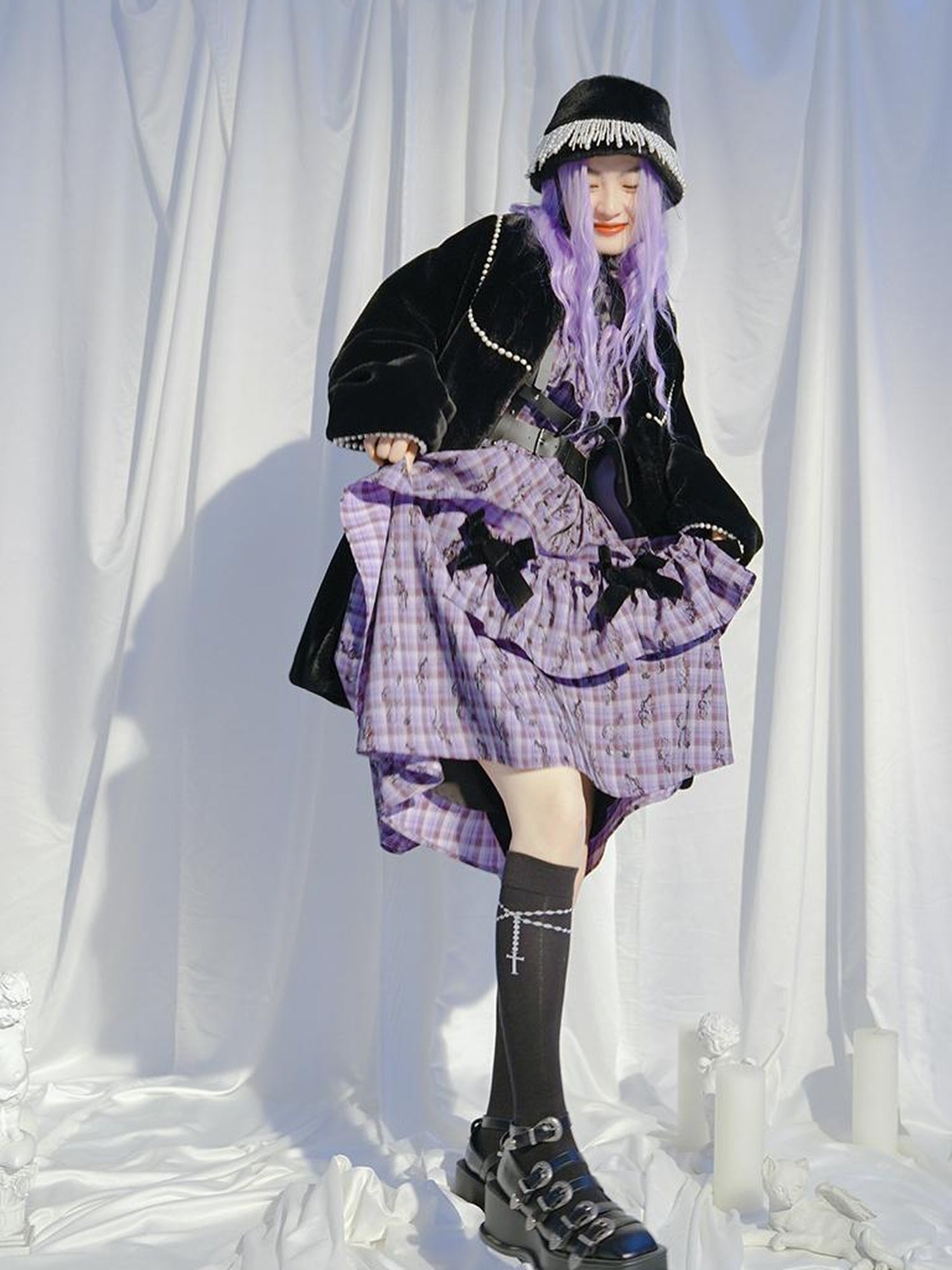 Daytoday Love Is Horrible Butterfly Jacquard Lace Plaid Long Sleeve Dress