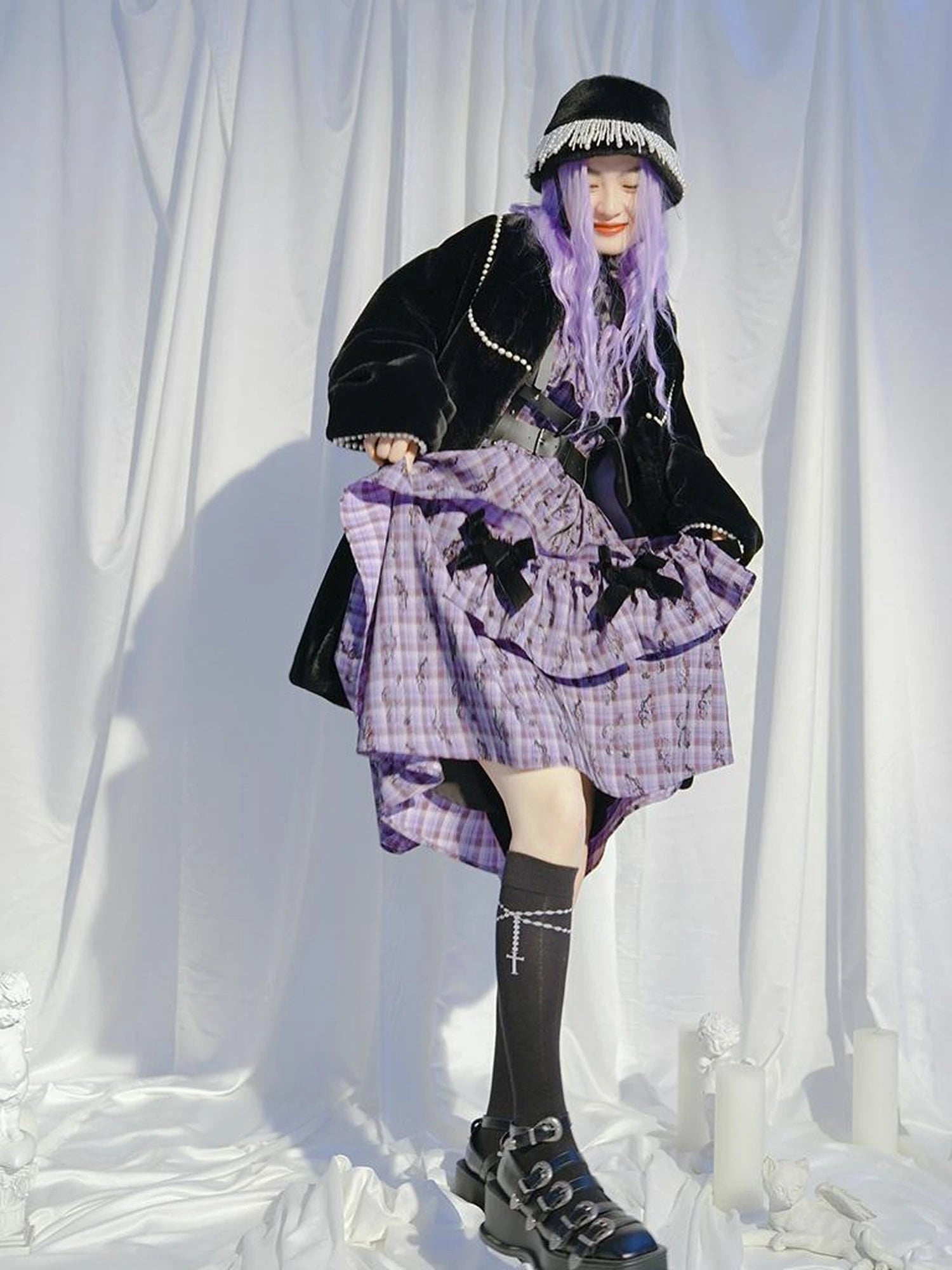 Love Is Horrible Butterfly Jacquard Lace Plaid Long Sleeve Dress