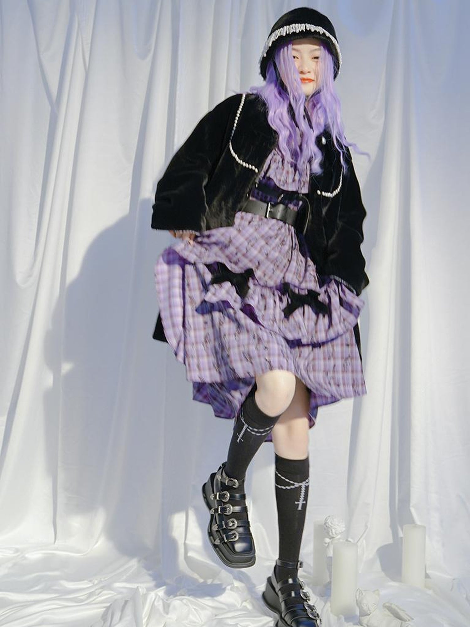 Daytoday Love Is Horrible Butterfly Jacquard Lace Plaid Long Sleeve Dress