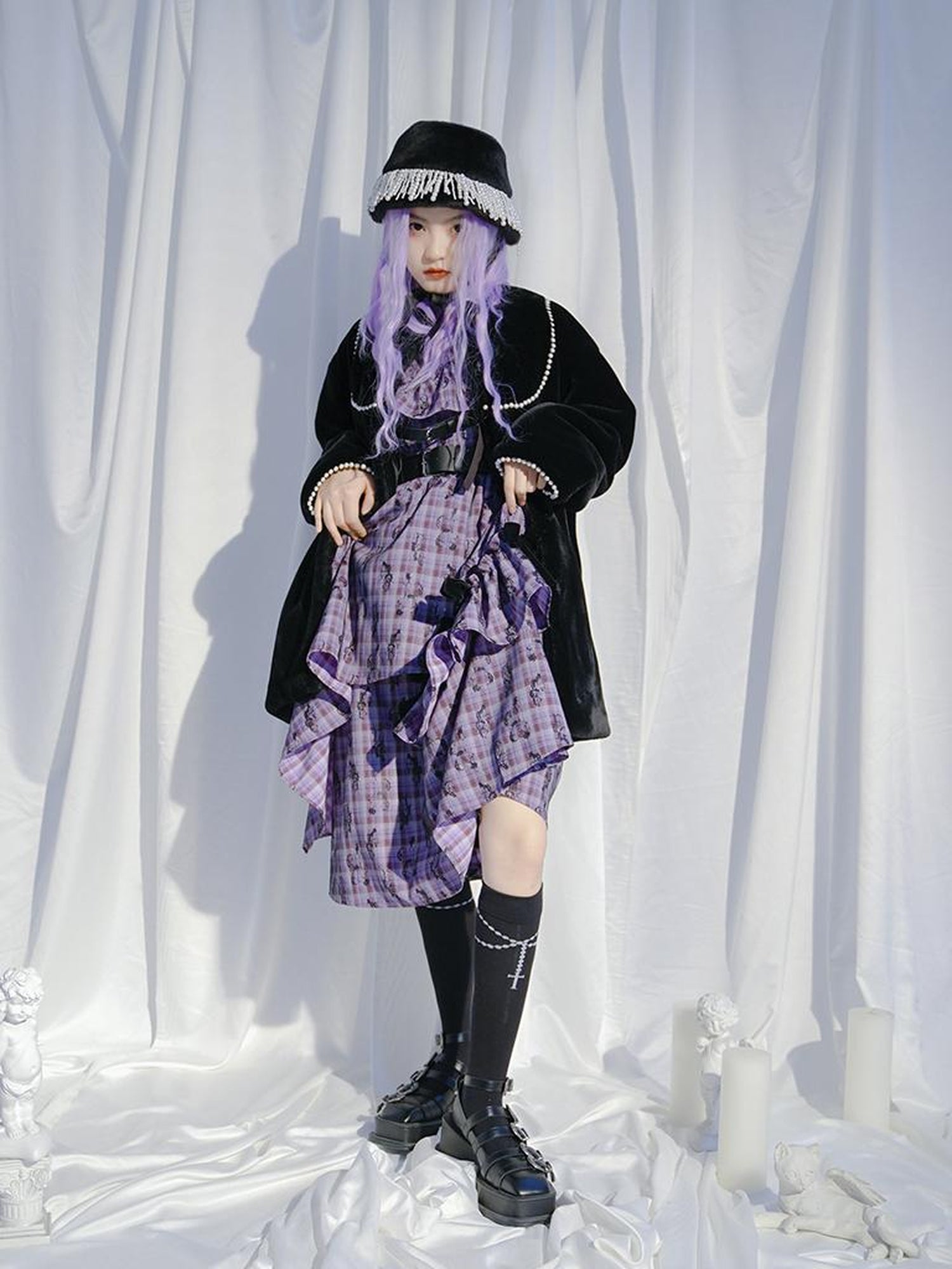 Daytoday Love Is Horrible Butterfly Jacquard Lace Plaid Long Sleeve Dress