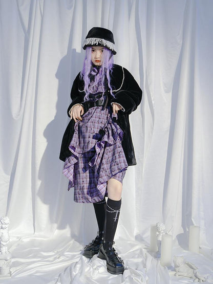 Daytoday Love Is Horrible Butterfly Jacquard Lace Plaid Long Sleeve Dress