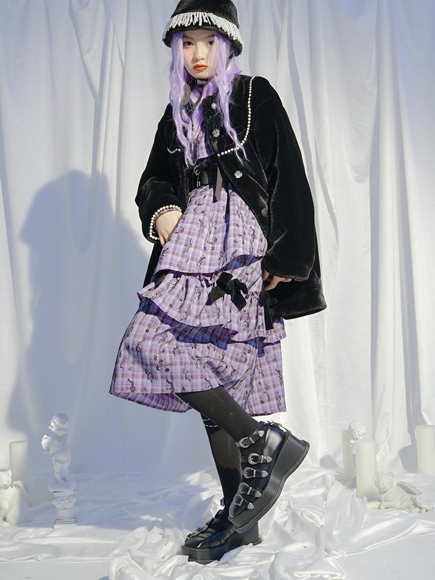 Daytoday Love Is Horrible Butterfly Jacquard Lace Plaid Long Sleeve Dress