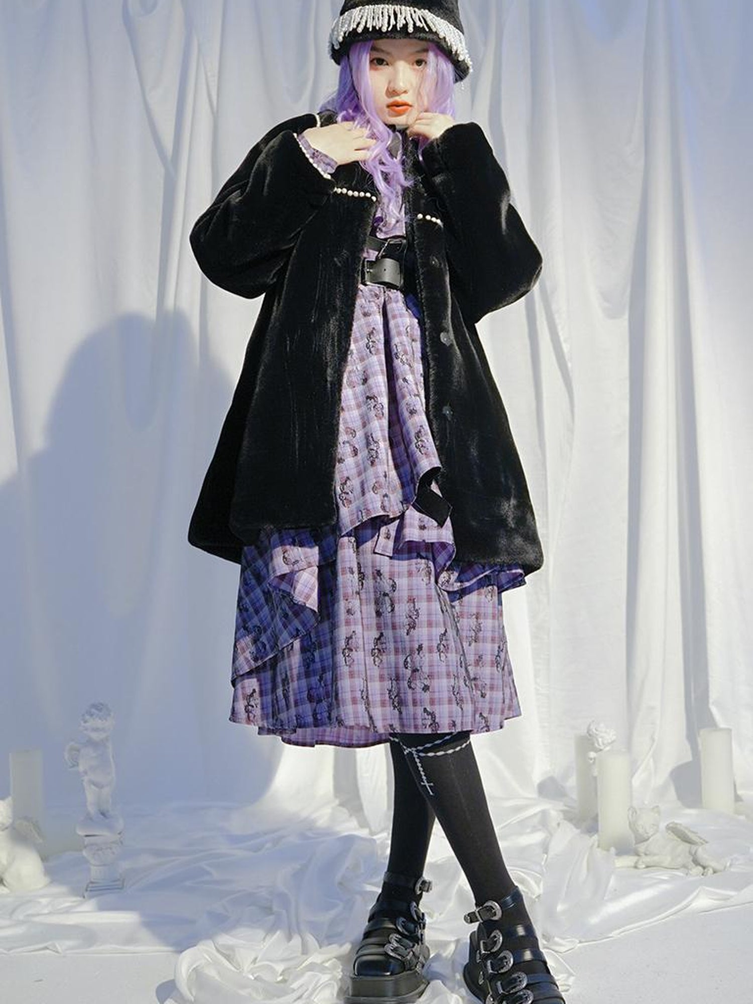 Daytoday Love Is Horrible Butterfly Jacquard Lace Plaid Long Sleeve Dress