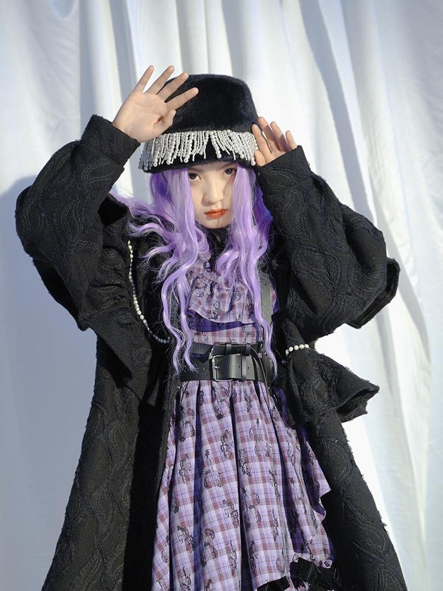 Daytoday Love Is Horrible Butterfly Jacquard Lace Plaid Long Sleeve Dress