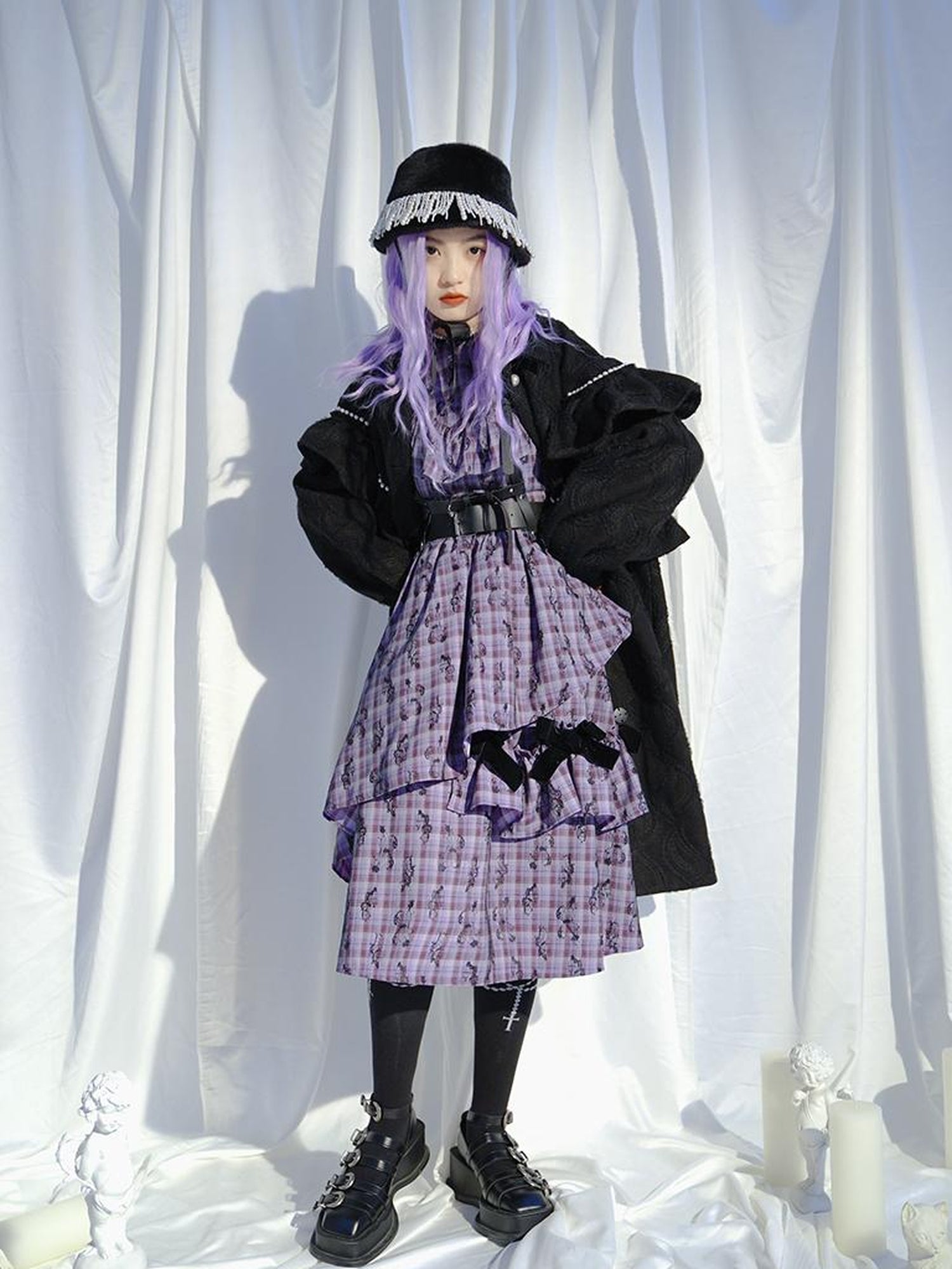 Daytoday Love Is Horrible Butterfly Jacquard Lace Plaid Long Sleeve Dress