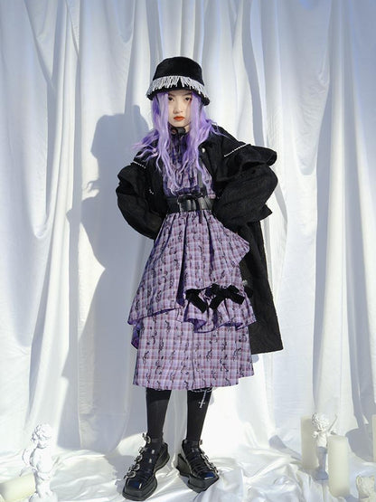 Daytoday Love Is Horrible Butterfly Jacquard Lace Plaid Long Sleeve Dress