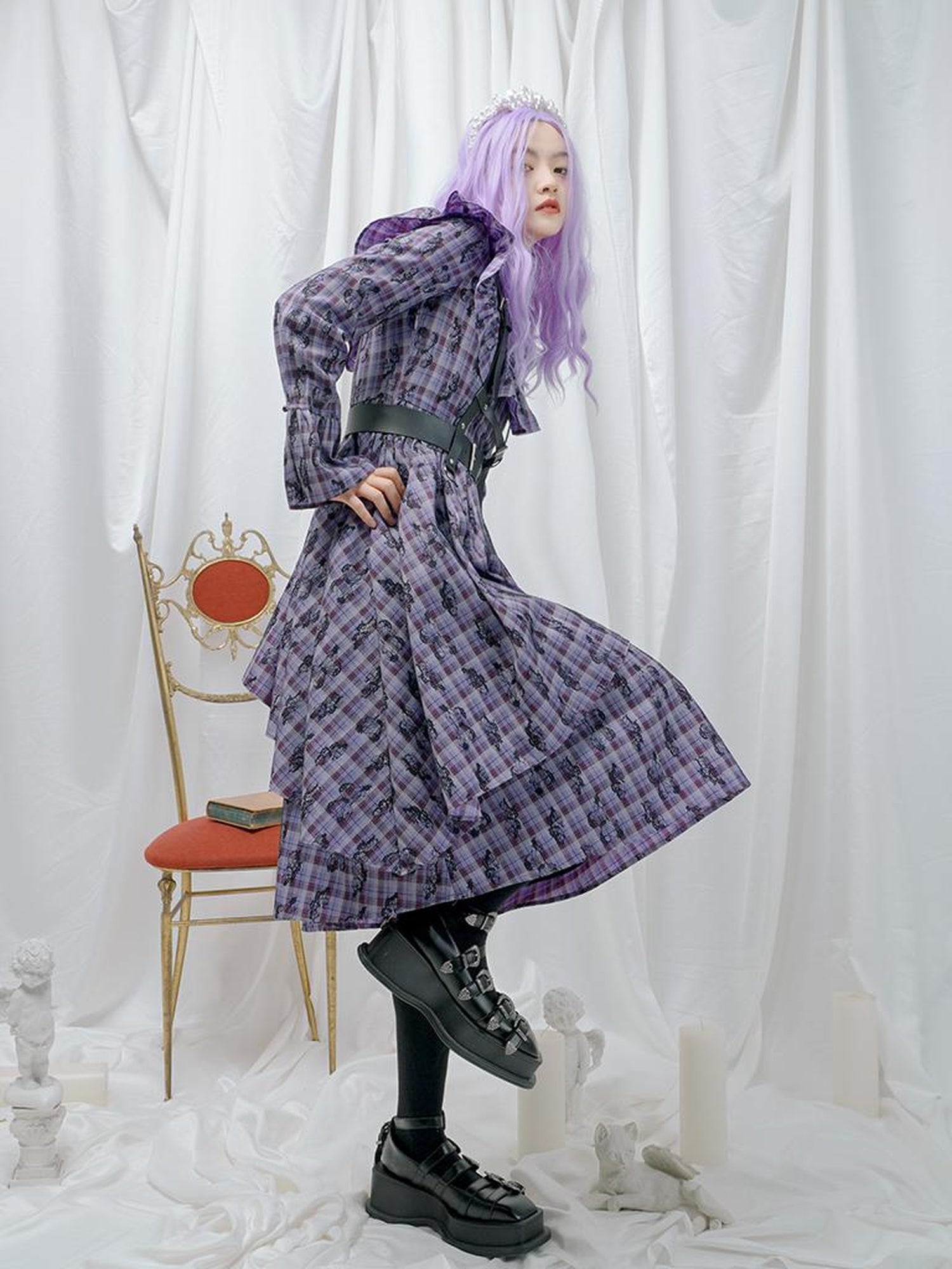 Daytoday Love Is Horrible Butterfly Jacquard Lace Plaid Long Sleeve Dress