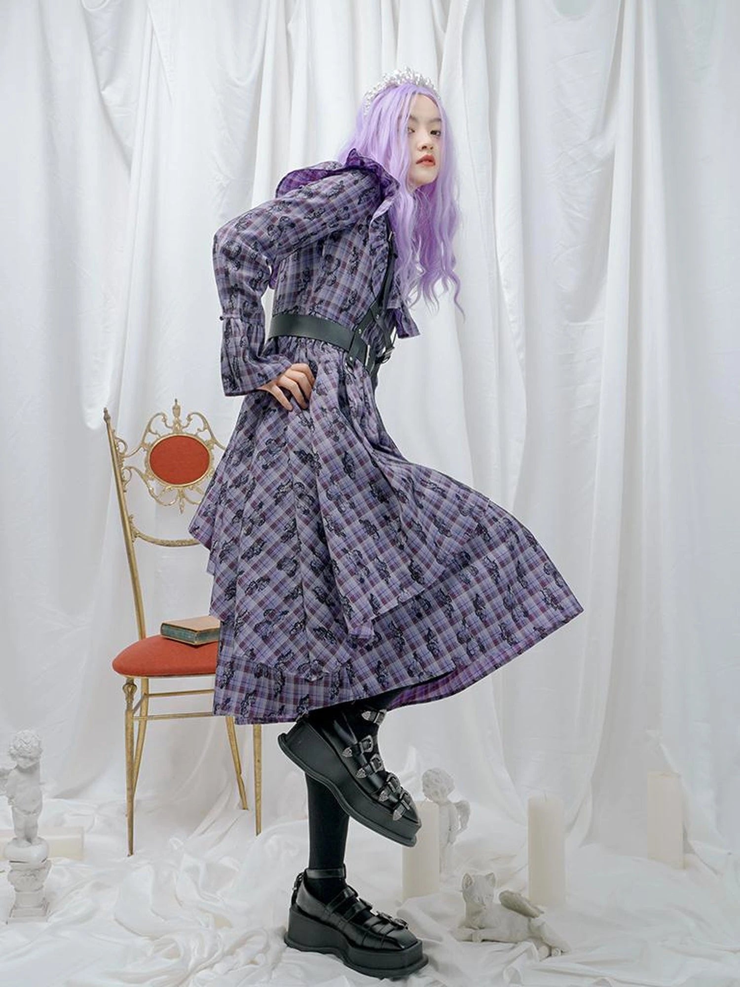Love Is Horrible Butterfly Jacquard Lace Plaid Long Sleeve Dress