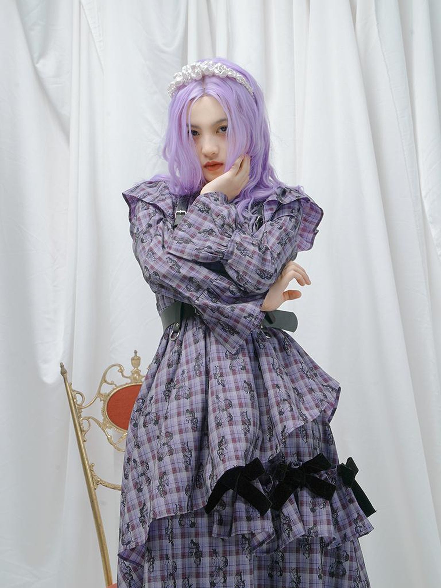 Daytoday Love Is Horrible Butterfly Jacquard Lace Plaid Long Sleeve Dress