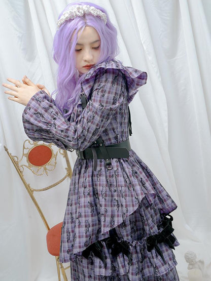 Daytoday Love Is Horrible Butterfly Jacquard Lace Plaid Long Sleeve Dress