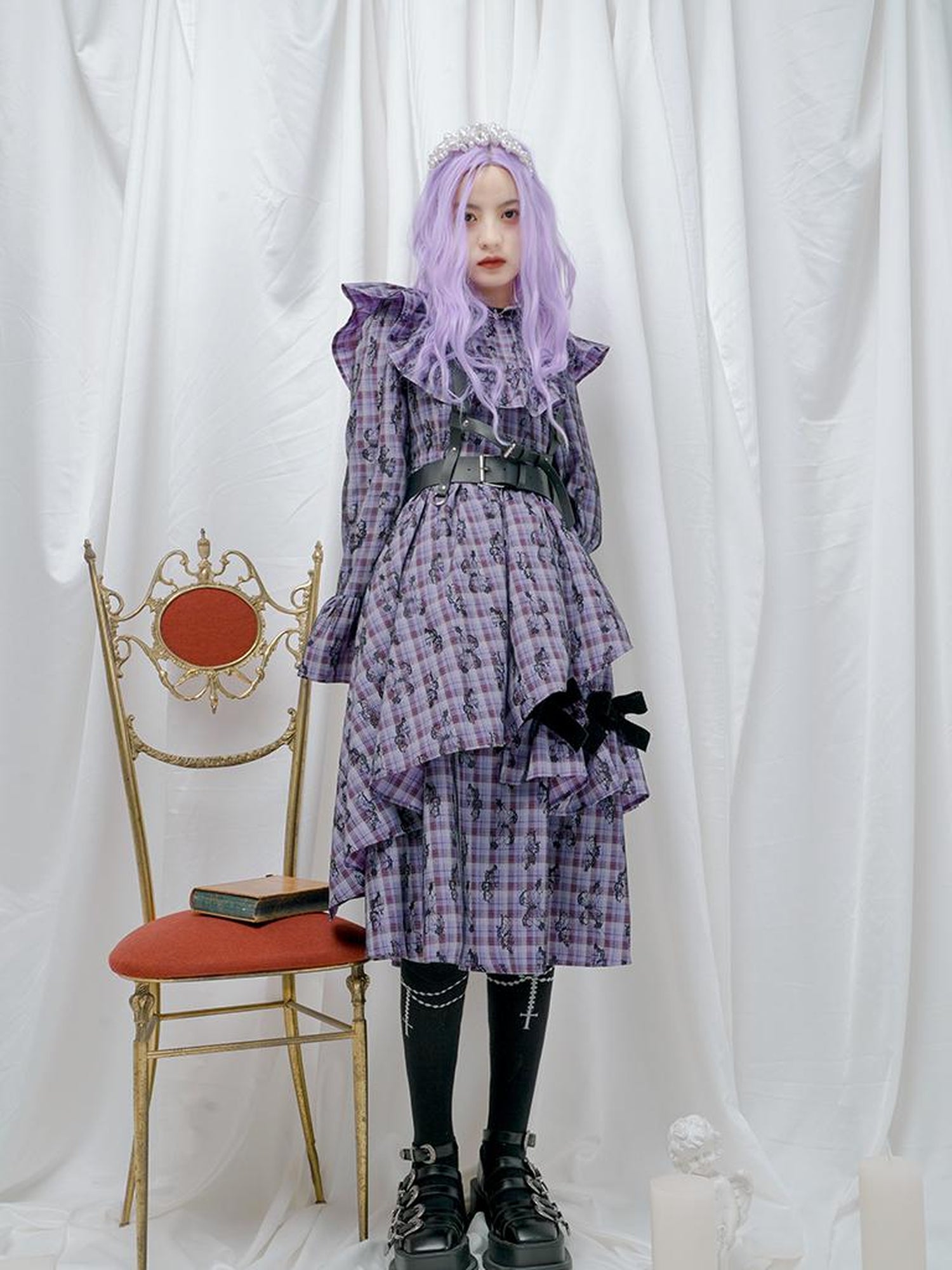 Daytoday Love Is Horrible Butterfly Jacquard Lace Plaid Long Sleeve Dress