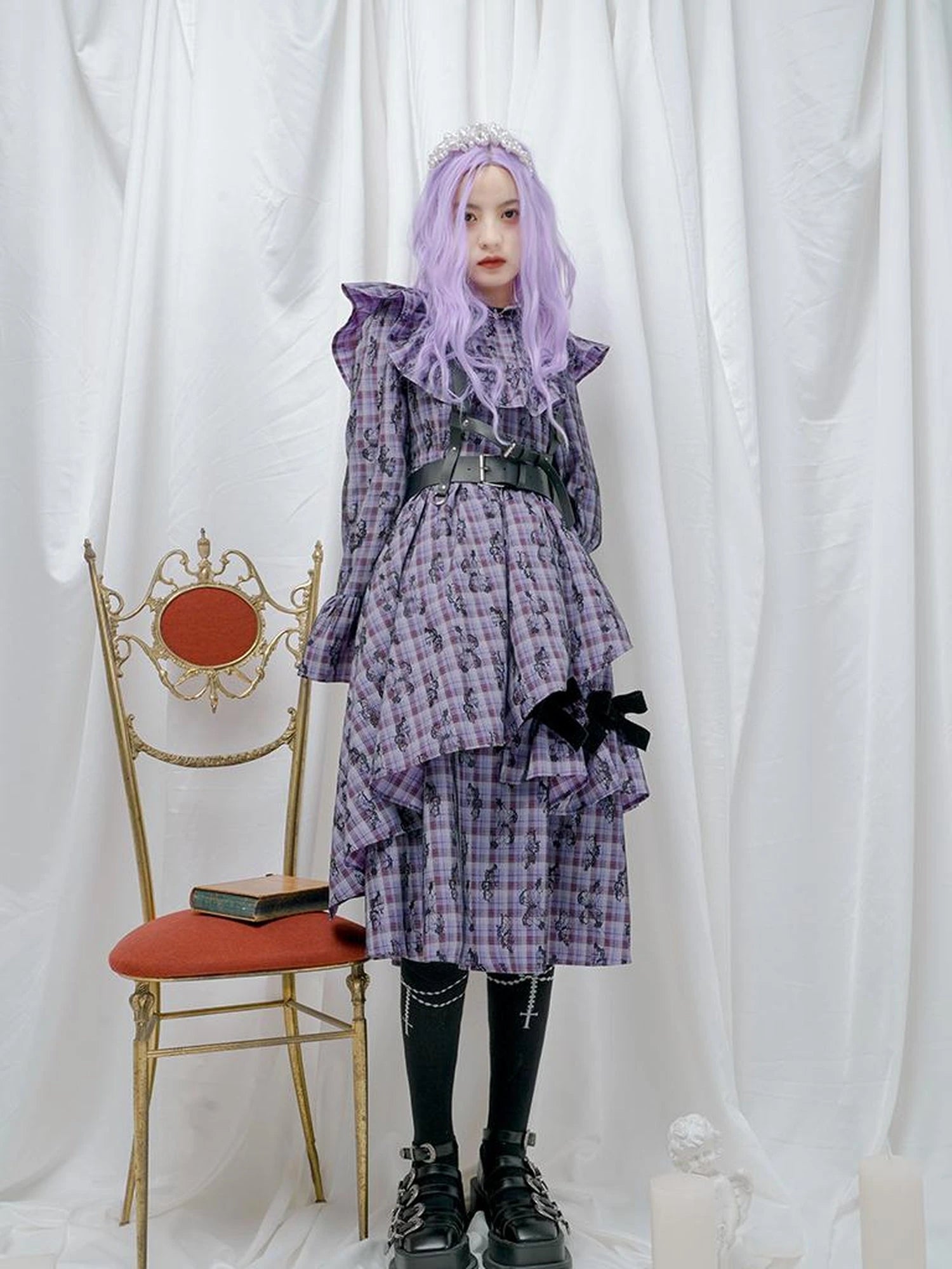 Love Is Horrible Butterfly Jacquard Lace Plaid Long Sleeve Dress