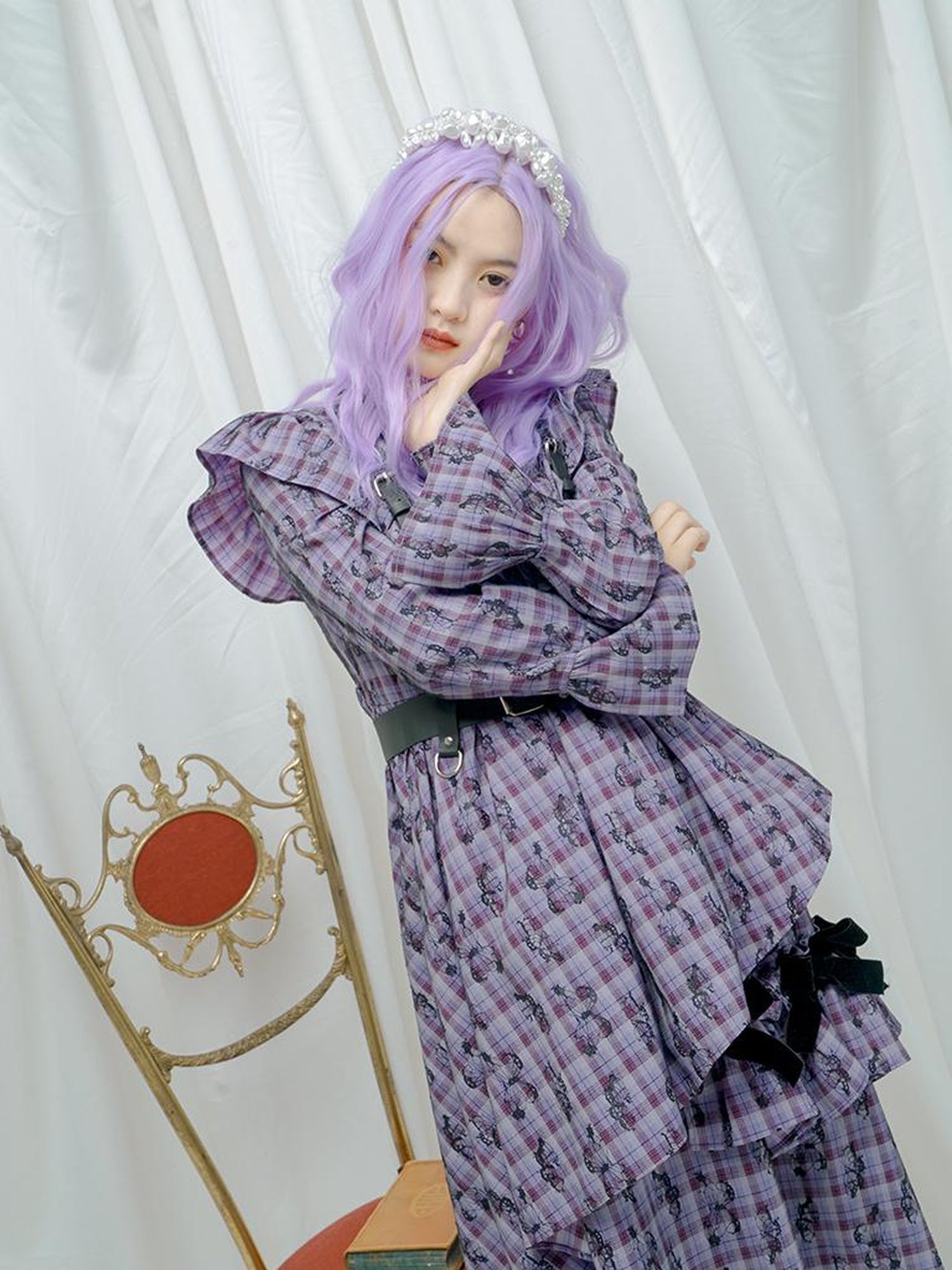 Daytoday Love Is Horrible Butterfly Jacquard Lace Plaid Long Sleeve Dress