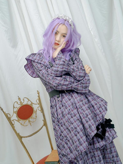 Daytoday Love Is Horrible Butterfly Jacquard Lace Plaid Long Sleeve Dress