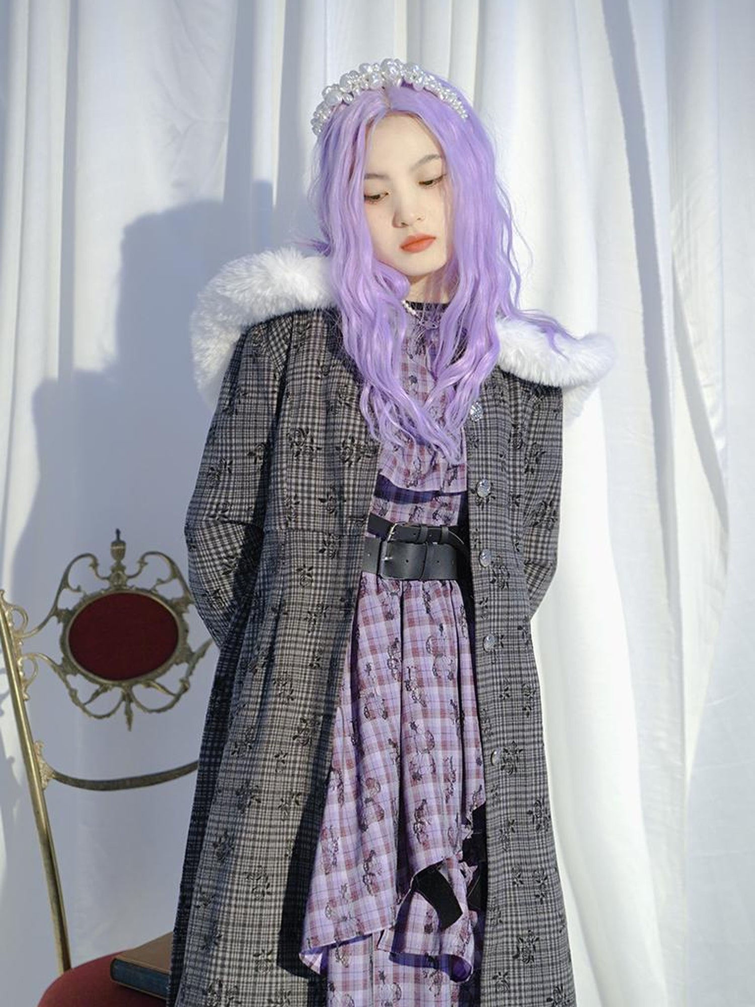 Daytoday Love Is Horrible Butterfly Jacquard Lace Plaid Long Sleeve Dress