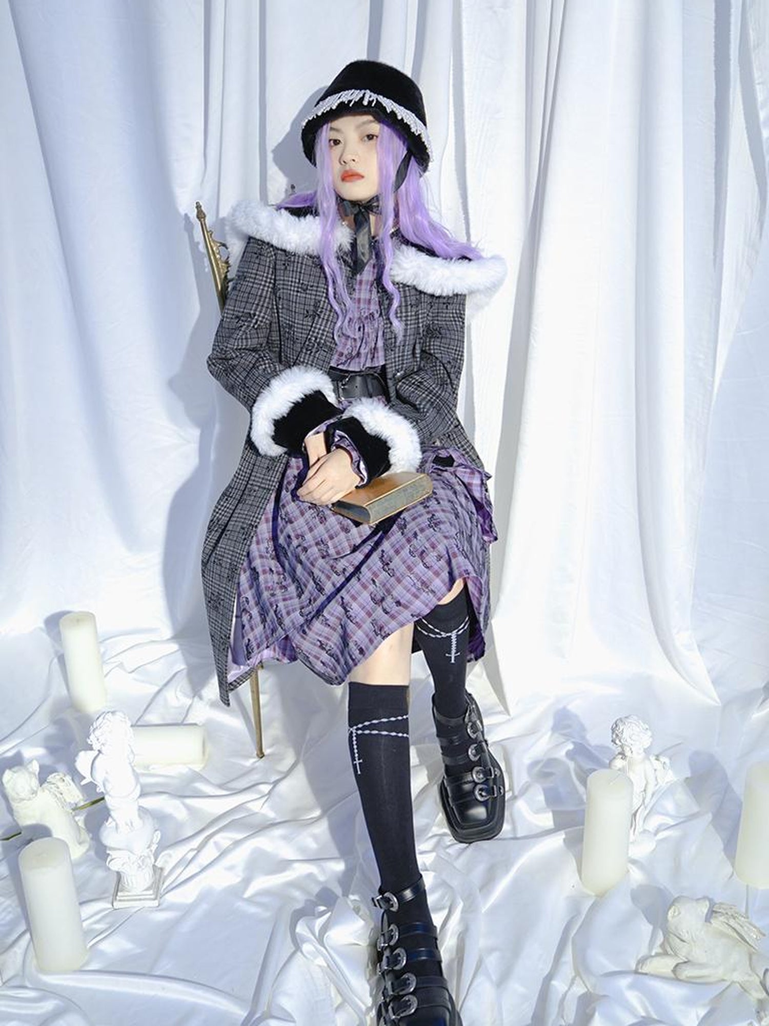 Daytoday Love Is Horrible Butterfly Jacquard Lace Plaid Long Sleeve Dress