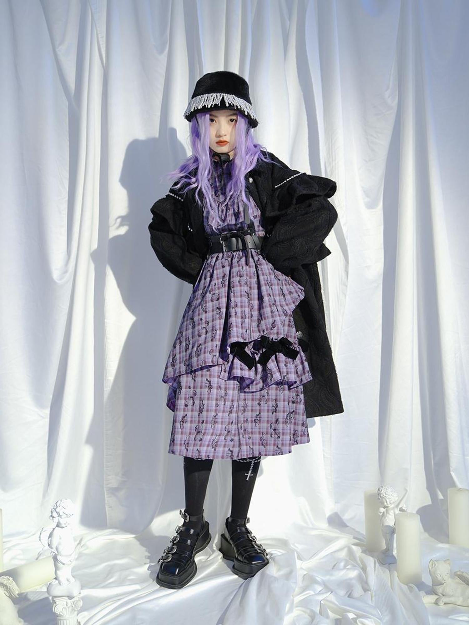 Daytoday Love Is Horrible Butterfly Jacquard Lace Plaid Long Sleeve Dress