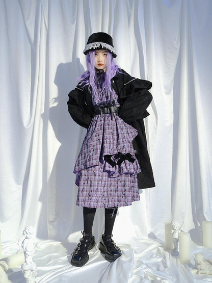 Daytoday Love Is Horrible Butterfly Jacquard Lace Plaid Long Sleeve Dress