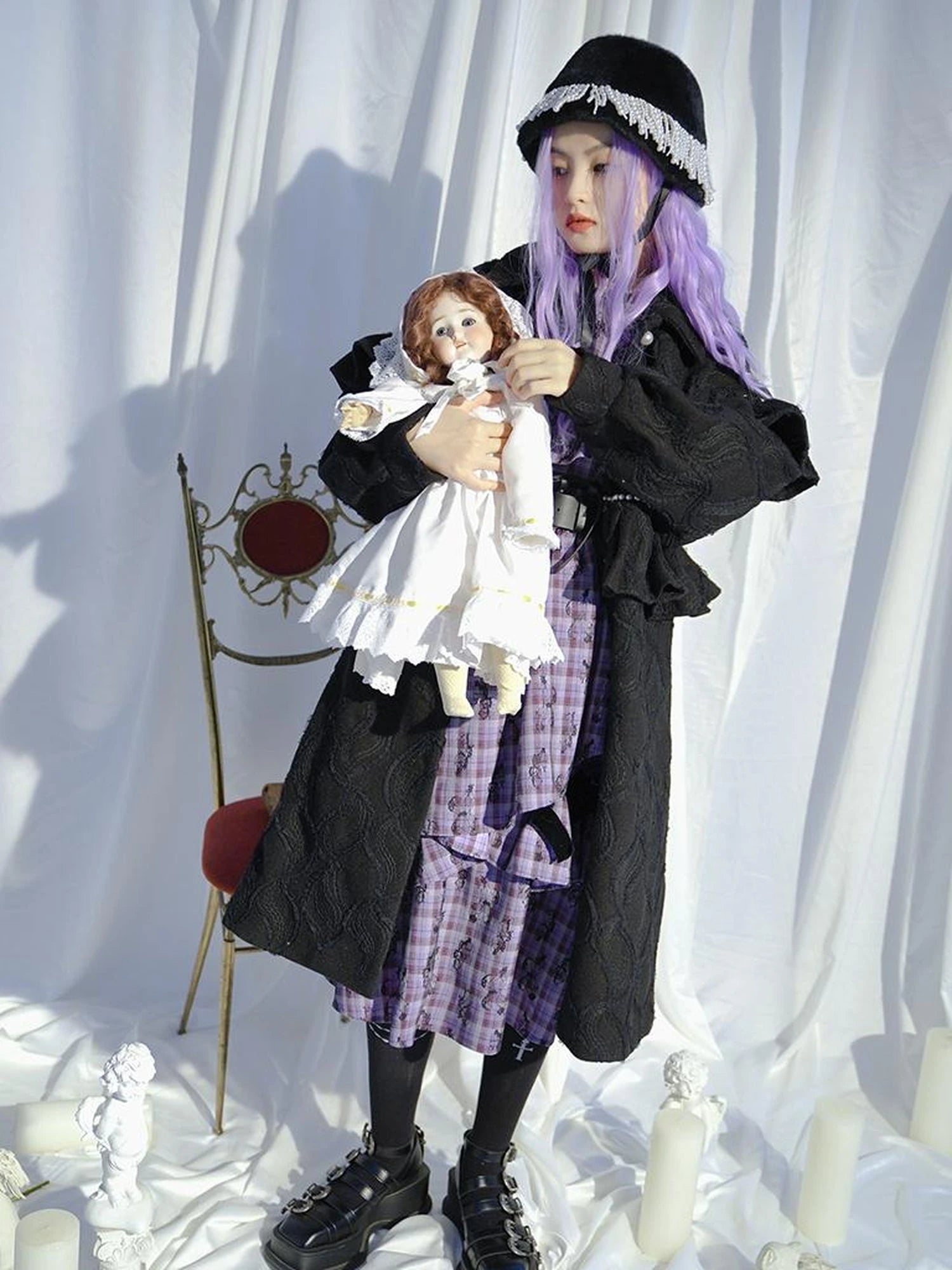 Love Is Horrible Butterfly Jacquard Lace Plaid Long Sleeve Dress