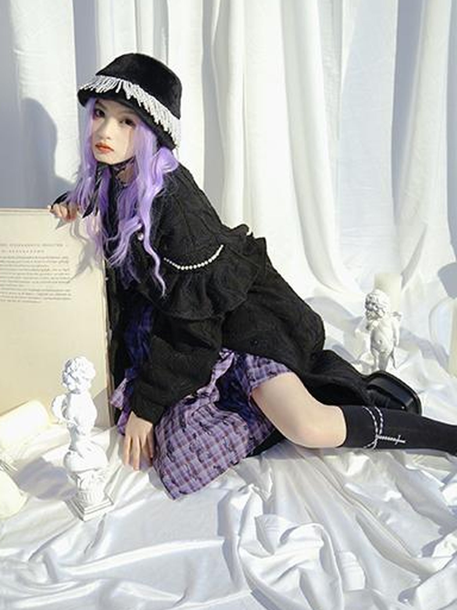 Daytoday Love Is Horrible Butterfly Jacquard Lace Plaid Long Sleeve Dress