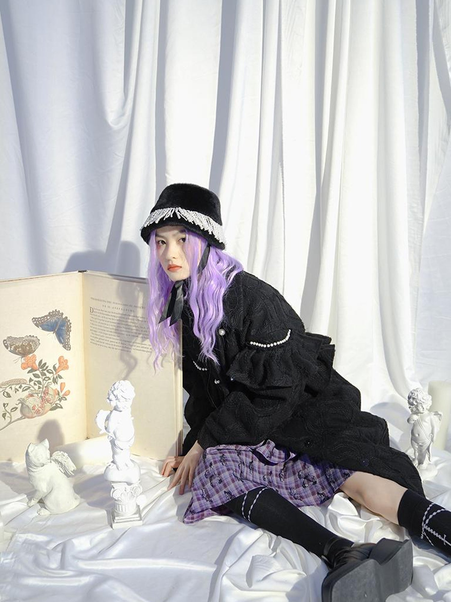 Daytoday Love Is Horrible Butterfly Jacquard Lace Plaid Long Sleeve Dress