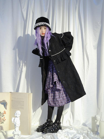 Daytoday Love Is Horrible Butterfly Jacquard Lace Plaid Long Sleeve Dress