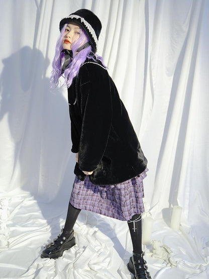 Daytoday Love Is Horrible Butterfly Jacquard Lace Plaid Long Sleeve Dress