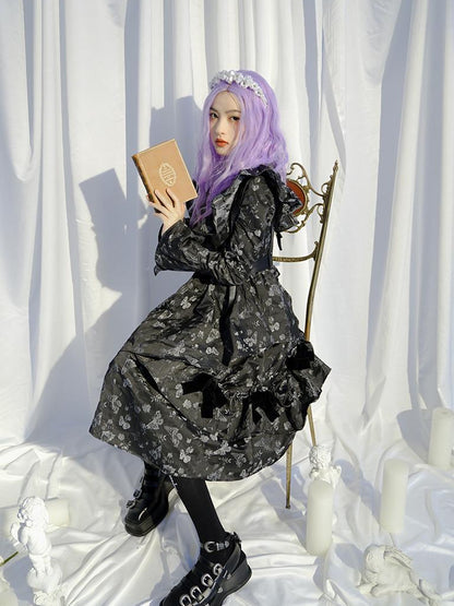 Daytoday Love Is Horrible Butterfly Jacquard Lace Plaid Long Sleeve Dress
