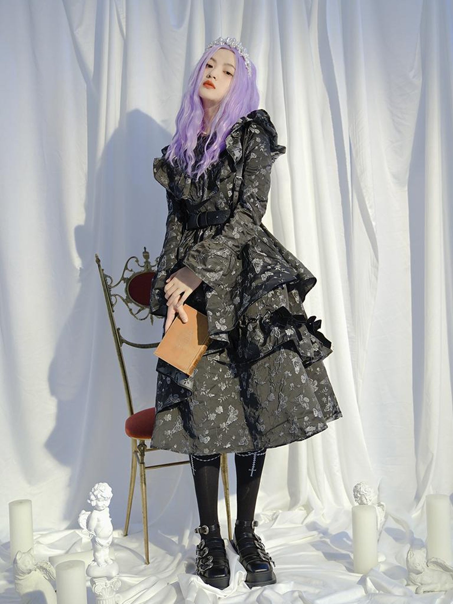 Daytoday Love Is Horrible Butterfly Jacquard Lace Plaid Long Sleeve Dress