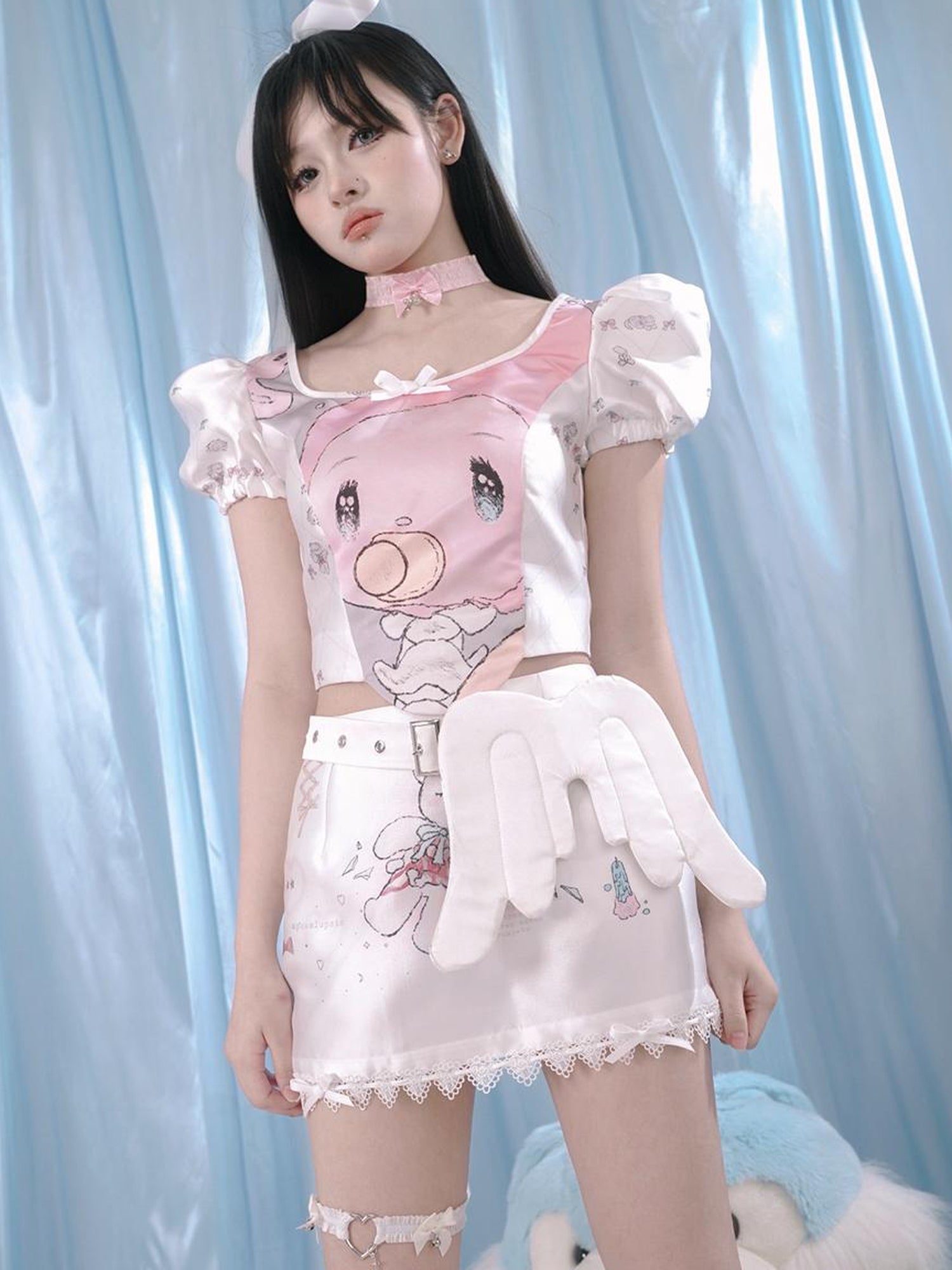Daytoday Milky Hearts Angel Print Bubble Sleeve Blouse