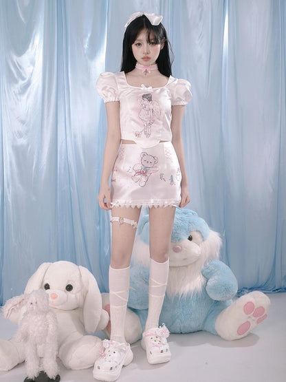 Daytoday Milky Hearts Angel Print Bubble Sleeve Blouse