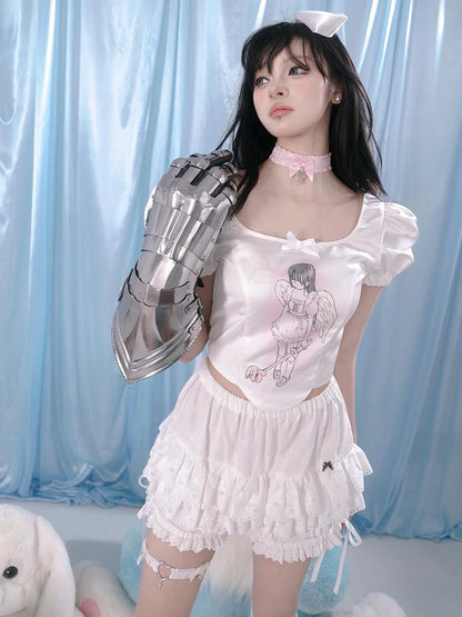 Milky Hearts Angel Print Bubble Sleeve Blouse