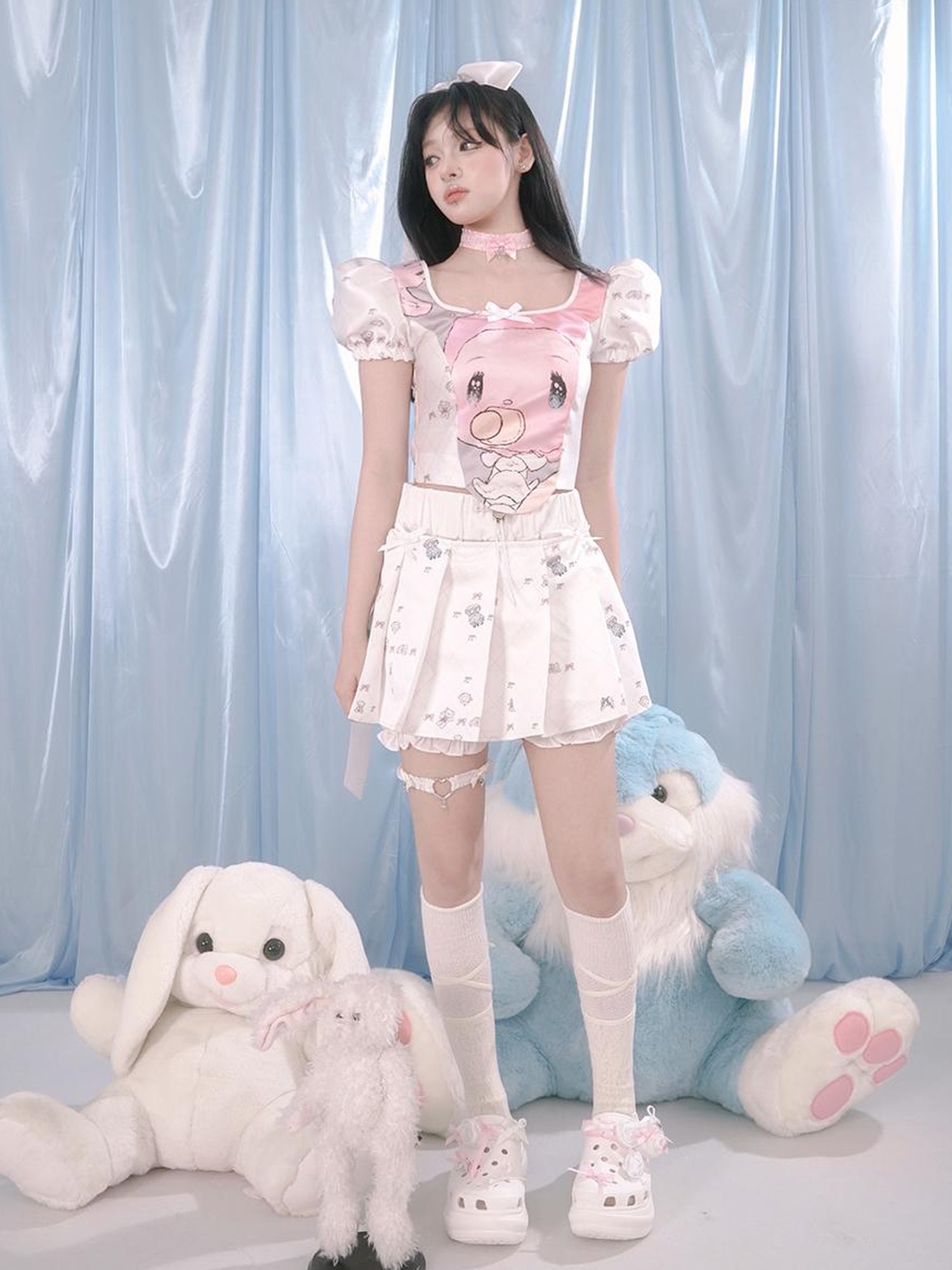 Daytoday Milky Hearts Angel Print Bubble Sleeve Blouse