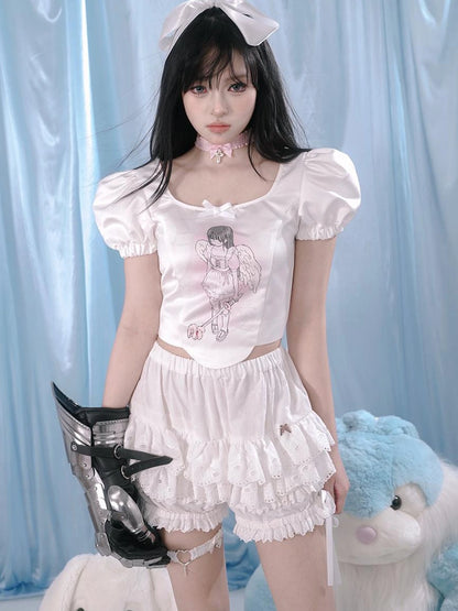 Milky Hearts Angel Print Bubble Sleeve Blouse