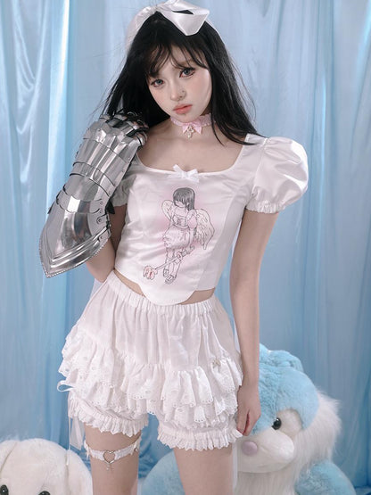 Daytoday Milky Hearts Angel Print Bubble Sleeve Blouse