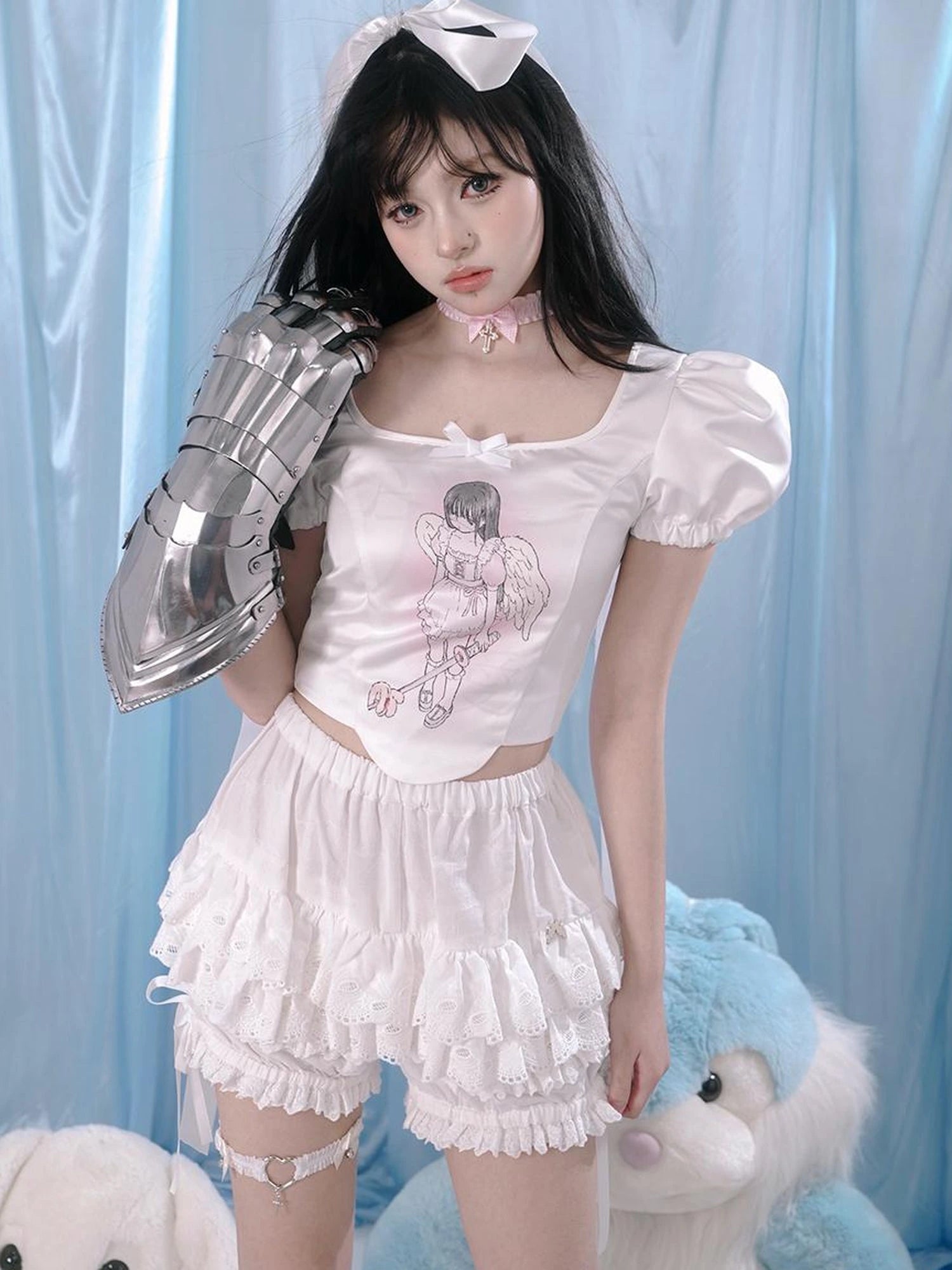 Milky Hearts Angel Print Bubble Sleeve Blouse