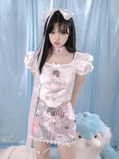 Milky Hearts Angel Print Bubble Sleeve Blouse
