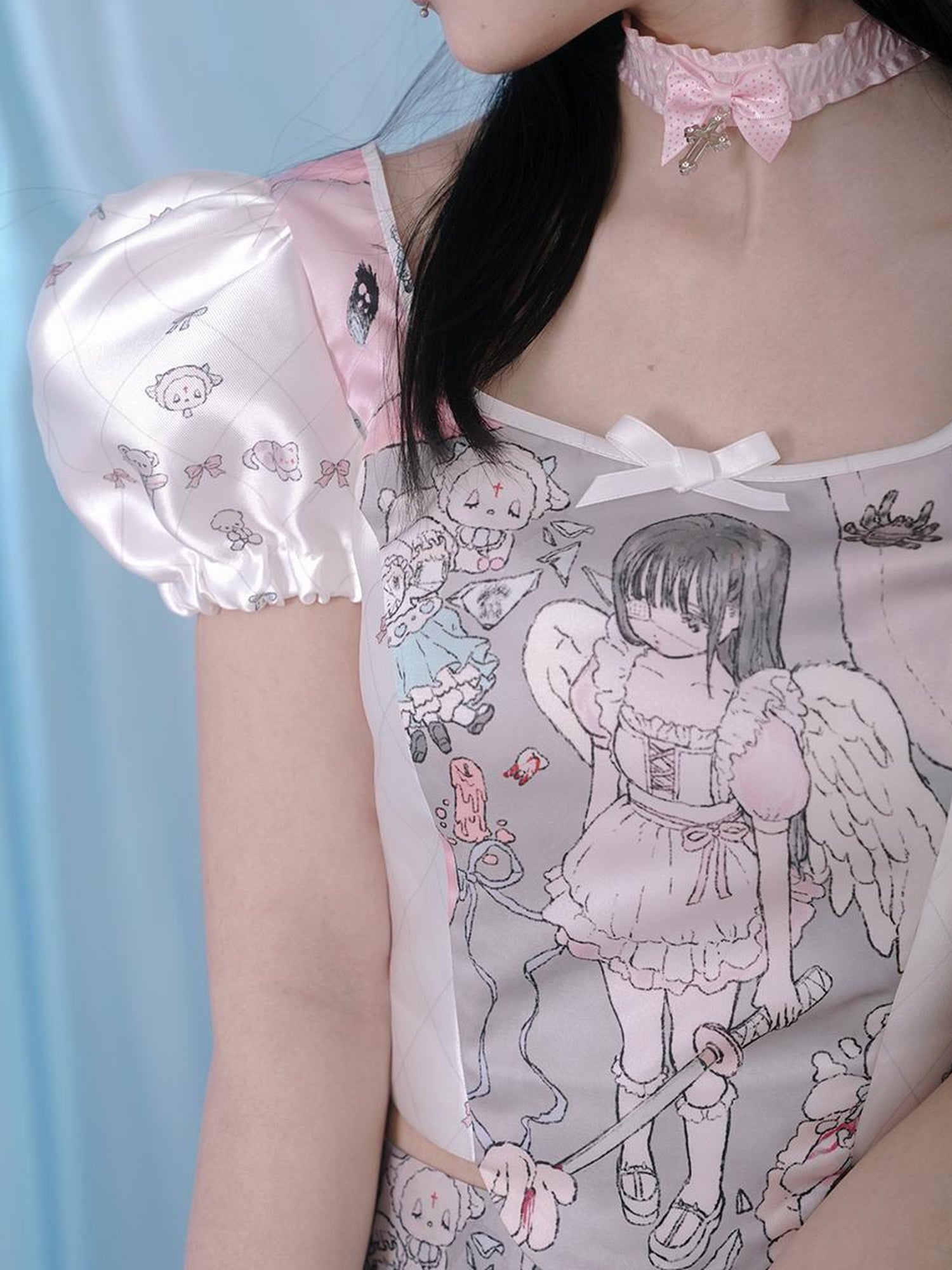 Daytoday Milky Hearts Angel Print Bubble Sleeve Blouse