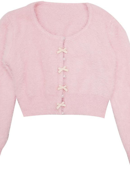 Daytoday Pearl Bow Short Knit Cardigan Pure Color Versatile