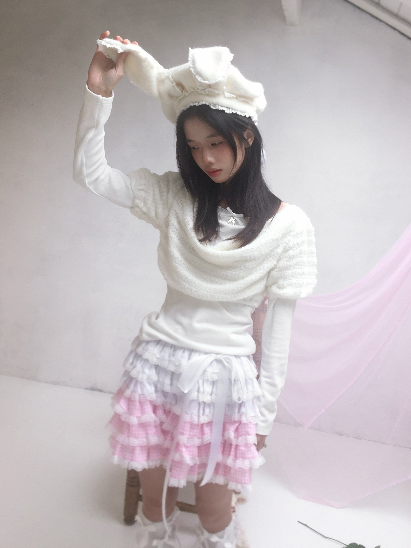 Daytoday_Pink_Gradient_Check_Lace_Layered_Cake_Ruffle_Women&