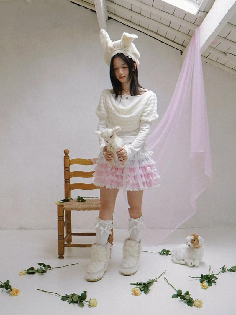 Daytoday Pink Gradient Check Lace Layered Cake Ruffle Women&