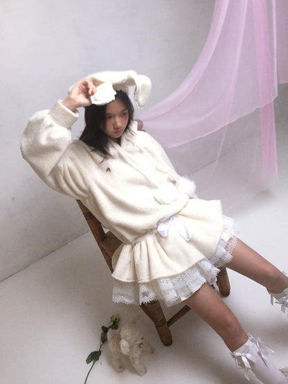 Daytoday Plush Angel Ear Pompom Lace Low Waist Hooded Women&