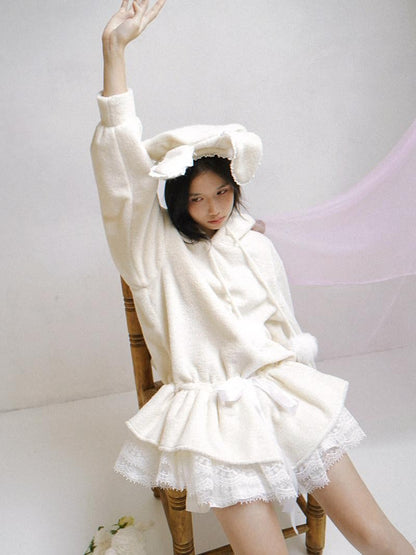 Daytoday Plush Angel Ear Pompom Lace Low Waist Hooded Women&