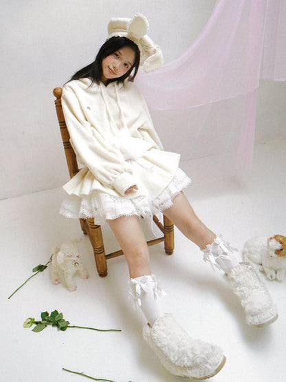 Daytoday Plush Angel Ear Pompom Lace Low Waist Hooded Women&