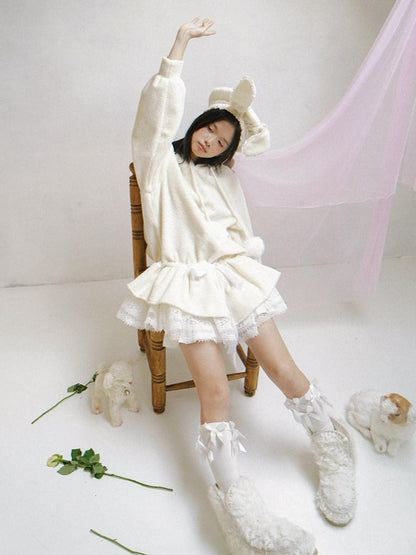 Daytoday Plush Angel Ear Pompom Lace Low Waist Hooded Women&