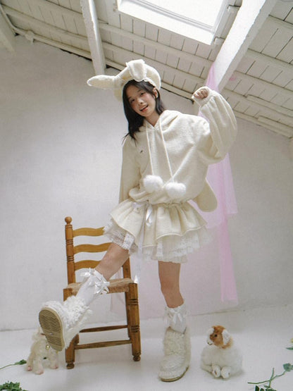 Daytoday Plush Angel Ear Pompom Lace Low Waist Hooded Women&